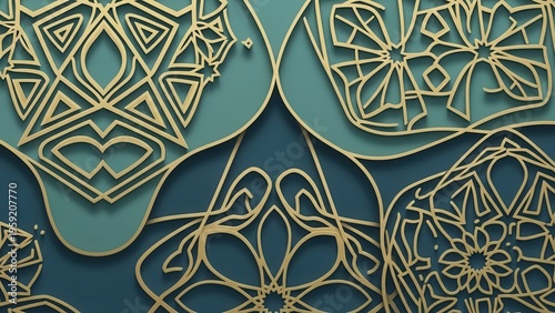 Luxurious and ornate 3D rendered abstract geometric patterns in shimmering metallic gold cut-out style, gracefully layered over a rich backdrop of varying deep teal and petrol blue shades, creating a