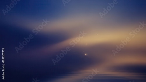 Ethereal and dreamy abstract background showcasing a tranquil dusk or dawn sky over calm water, featuring a soft-focus blend of deep blue, purple, and warm golden gradients, with subtle light
