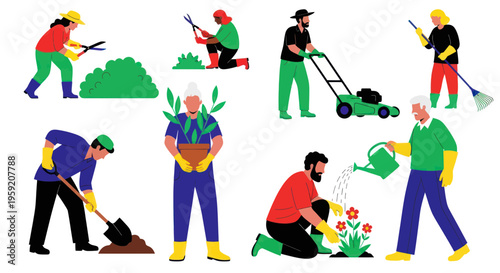 Diverse People Gardening: Planting, Mowing, Watering, Pruning, Raking, Digging