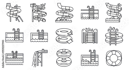 Water Slide Icons Set: Aquatic Fun and Summer Recreation