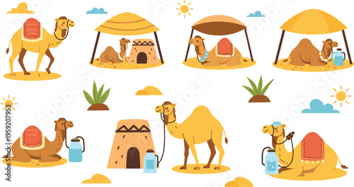 Camel desert life collection with nomadic tents water containers and cute animals in sandy landscape cartoon vector illustration set