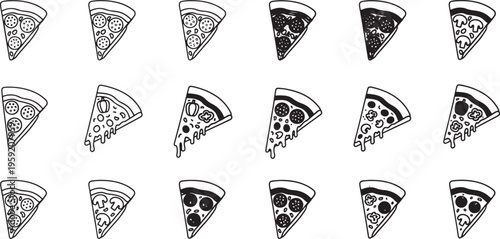 Black and white pizza slices with various toppings food Italian food