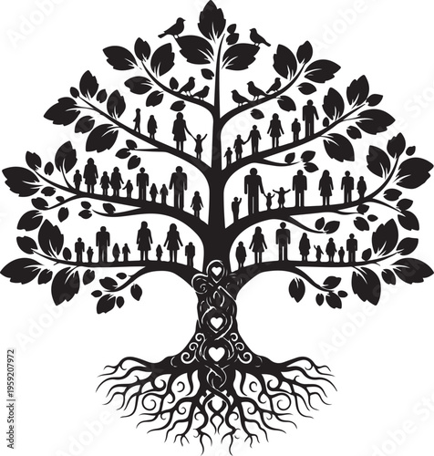 Family tree silhouette with roots and leaves illustration, Generative Ai