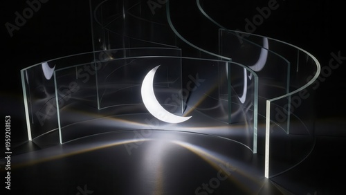 Luminous abstract white crescent moon shape, glowing softly and elegantly framed by sleek, curved clear acrylic partitions, dynamically interacting with light to cast subtle golden reflections and