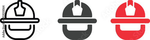 Professional firefighter helmet icon set featuring emergency responder headgear in minimalist line art and flat vector styles.