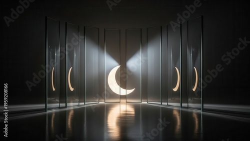 Luminous, ethereal, and abstract glowing golden crescent moon shape, conceptually displayed behind an elegant arrangement of sleek, translucent glass panels, creating symmetrical reflections and a