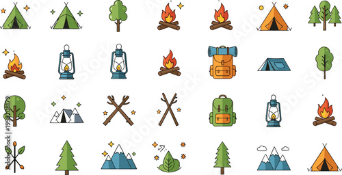 Camping icons set with tents campfire lantern backpack and forest elements, outdoor adventure flat vector illustration collection