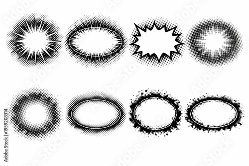Halftone burst circle and oval frames set. Retro comic explosions, glowing starburst rays, dotted blurry flashes and grunge stains. Abstract vector dotwork light effects, shiny bursts, vintage splash