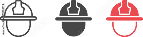 Professional firefighter helmet icon set featuring emergency responder headgear in minimalist line art and flat vector styles.