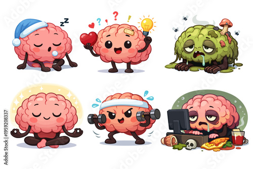 Brain mascot character poses set, cute cartoon mind with sleepy, stressed, meditating and exercising expressions, mental health and education symbol vector illustration collection isolated on white ba