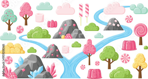 Candy land fantasy landscape with sweet trees jelly mountains river and lollipops colorful cartoon vector illustration set