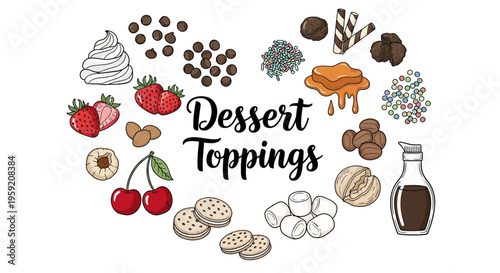 Dessert toppings collection with whipped cream strawberries chocolate chips cookies and syrup on white background