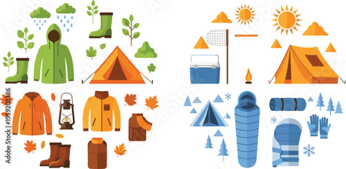 Camping gear and seasonal equipment set for autumn and winter outdoor adventure, hiking clothing and accessories flat vector illustration