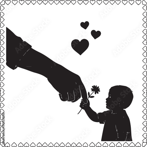 Silhouette of a child receiving a flower with hearts, Generative Ai