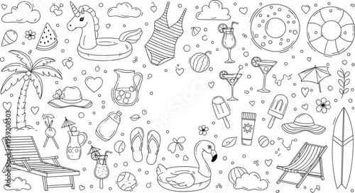 Summer Vacation Doodle Vector Set with Beach Elements, Pool Floats, Drinks, Palm Tree, Surfboard and Accessories in Hand Drawn Outline Style