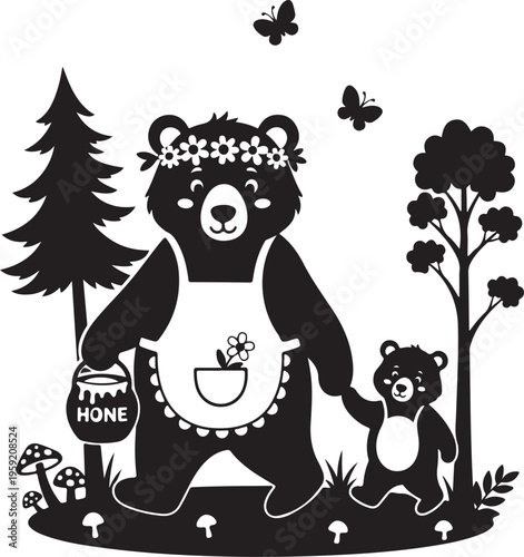 Mother bear silhouette with flower crown and apron, Generative Ai