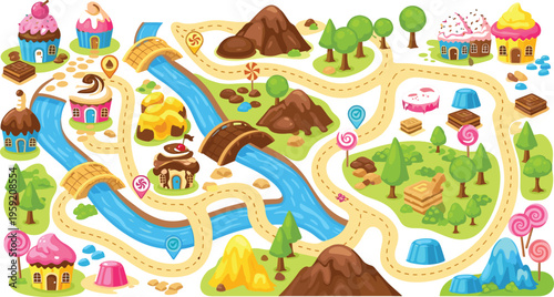 Candy land fantasy map with sweet houses rivers and mountains, colorful cartoon game level flat vector illustration