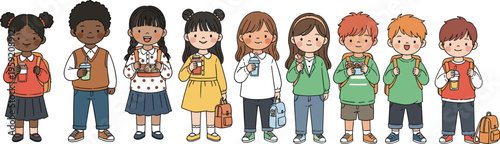 Diverse School Kids Vector Set Featuring Multicultural Children with Backpacks and Books, Cute Student Characters in Casual Outfit Isolated Collection
