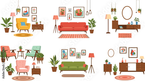 Cozy living room interiors set with sofas armchairs plants and decor, modern home furniture flat vector illustration collection