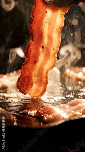 Sizzling strips of cured meat are fried in a hot pan