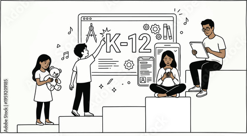 K-12 Education Concept with Students and Teacher Classroom Learning Illustration