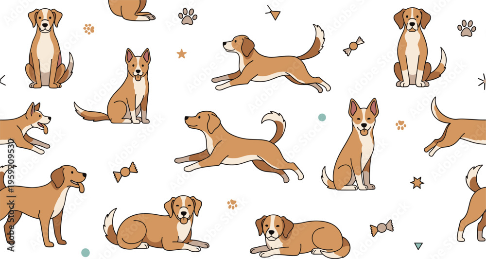 Obraz premium Cute dog seamless pattern with playful puppies bones and treats, hand drawn cartoon pet background flat vector illustration