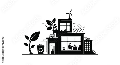 Sustainable office building integrated with nature and renewable energy sources.