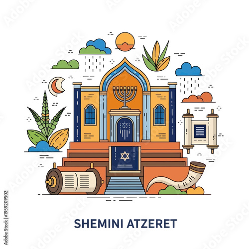 Shemini Atzeret Temple with Torah Scroll and Shofar
