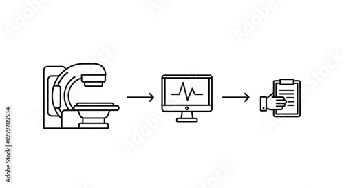 Medical Imaging Machine, Computer Monitor with Heartbeat, and Hand Holding Report