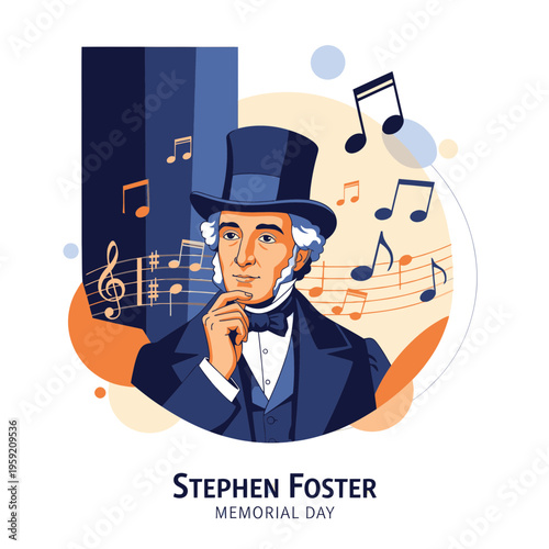 Stephen Foster Composer Portrait with Musical Notes