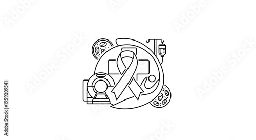 Medical Oncology and Cancer Treatment Icons: Ribbon, MRI, IV Drip, Cells, Cross