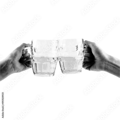 Black and white halftone illustration of two hands holding plastic cups for toast, celebration concept isolated on white with retro dotted texture.