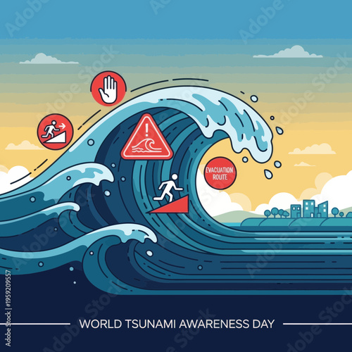 Tsunami Warning Wave with Evacuation Route Signs