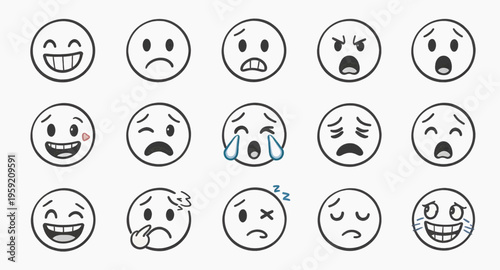 Doodle Emoji Face Icon Set Hand Drawn Sketch Line Art Vector