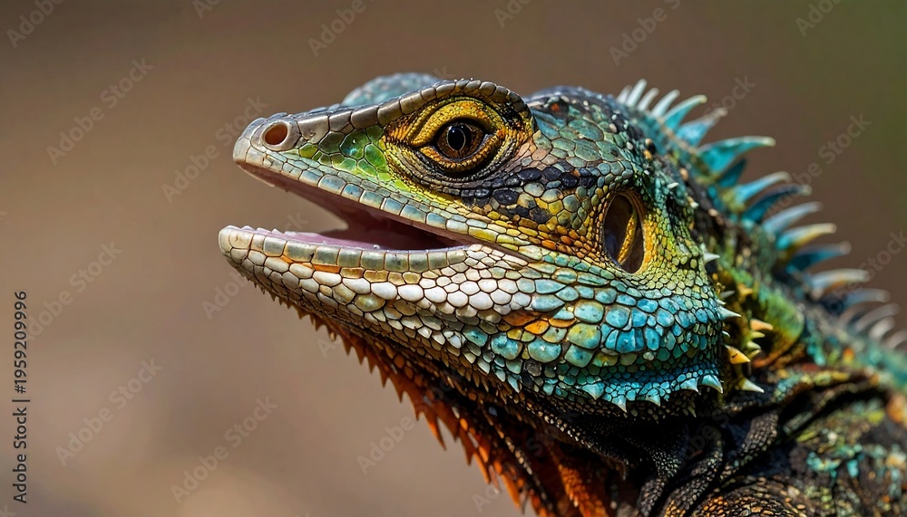 Obraz premium Vibrant lizard head shot with colorful scales in natural outdoor environment