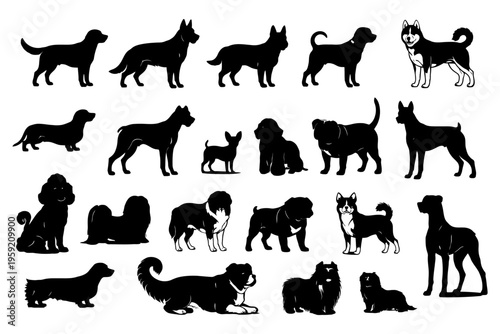 Silhouettes of various dog breeds in different poses and sizes.