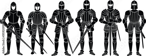Medieval knight silhouettes collection with armored warriors and swords, historical soldier vector illustration set, fantasy battle character design elements isolated on white background