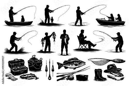 Silhouette fishing scenes with diverse activities and equipment.