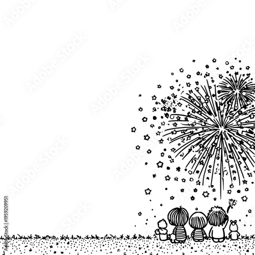 Children watching fireworks display at night black and white illustration festive scene with kids in a field