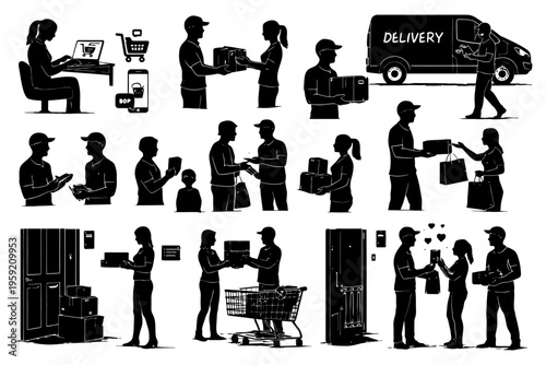 Silhouette illustrations of diverse delivery scenarios and interactions.