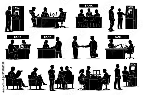 Silhouettes of businesspeople engaged in various bank activities.