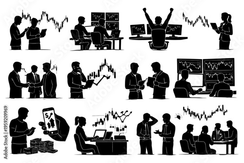 Silhouette business team analyzing financial data and stock market trends.