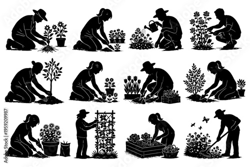 Silhouette of people gardening with plants and flowers.