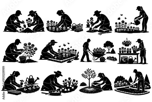 Silhouettes of people gardening: diverse activities and tools.