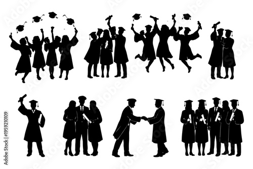 Silhouette group celebrating graduation with caps and diplomas.