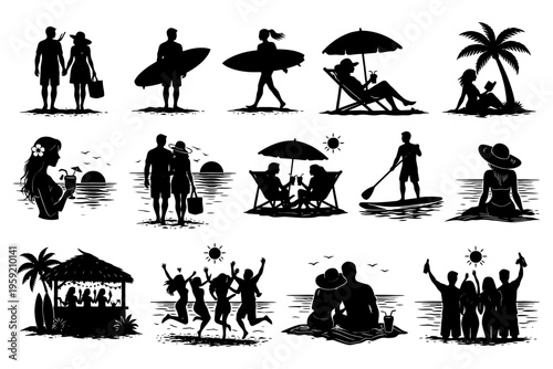Silhouettes of beach activities and relaxation scenes with diverse people.