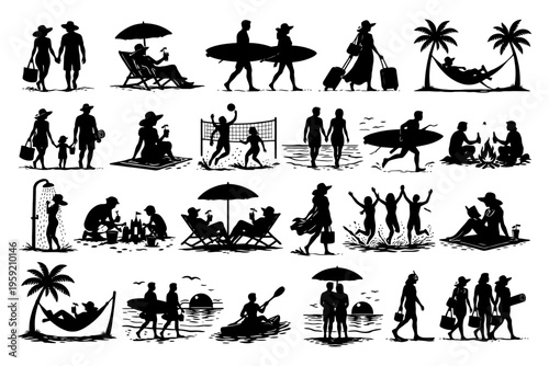 Silhouettes of people enjoying beach activities and leisure in various poses.