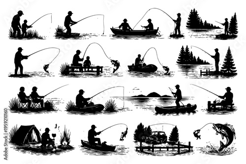 Silhouette fishing scenes: diverse activities on water featuring various genders and ages.