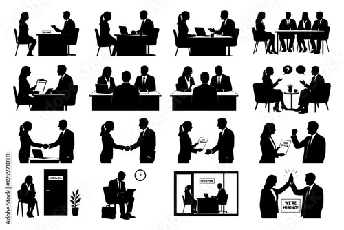 Silhouettes of business interview scenarios with men and women in office settings.