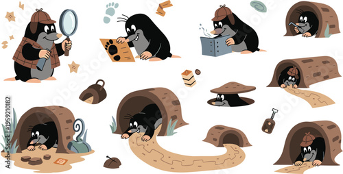 Cute mole detective set with digging tunnels investigation and exploration, cartoon animal underground adventure flat vector illustration